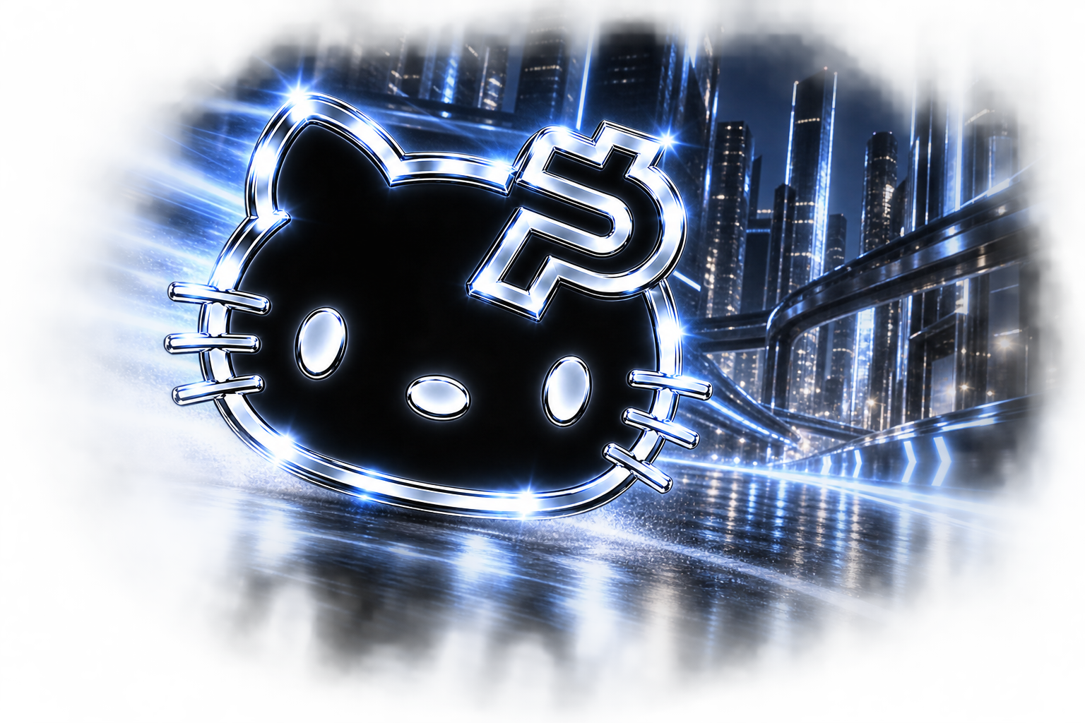 Paidkitty speeding through a futuristic chrome city