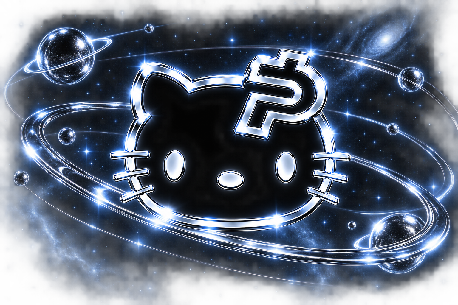 Paidkitty surrounded by chrome rings in deep space